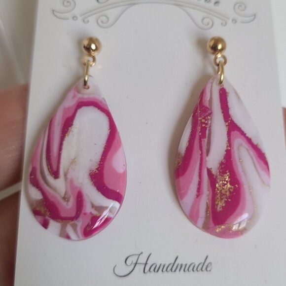Boho Pink White Agate Gemstone Gold Ball Stud Drop Dangle Teardrop Earrings - Picture 2 of 7